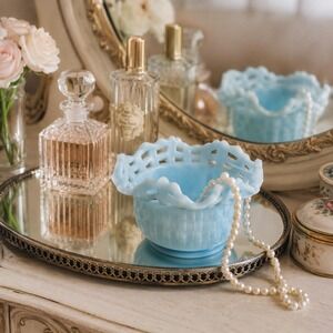 Fenton Light Blue Satin Finish Glass Basketweave Bowl Open Lace Ruffled Rim